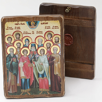 Икона 17x23 (ERM) деревянная под старину, Собор целителей