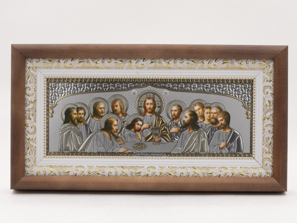 КИОТ под лик 30х12см (ERM) ТЕМНОЕ дерево, БЕЛЫЙ багет, Тайная вечеря (серебро)