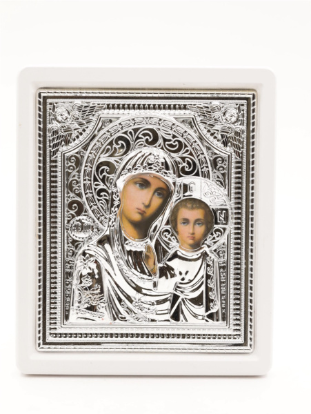 Икона 15x18 (ERM) деревянная БЕЛАЯ, РИЗА серебряная, Казанская