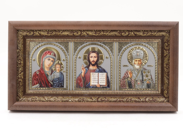 КИОТ под лик 30х12см (ERM) ТЕМНОЕ дерево, ЗОЛОТОЙ багет, триптих (академ серебро)
