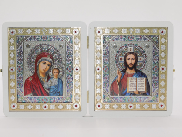 Складень (ERM) 15x18 БЕЛЫЙ вставка металл со стразами, Спаситель - Казанская №1