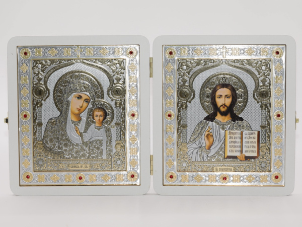 Складень (ERM) 15x18 БЕЛЫЙ вставка металл со стразами, Спаситель - Казанская №7