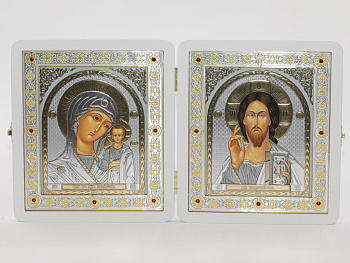 Складень (ERM) 15x18 БЕЛЫЙ вставка металл со стразами, Спаситель - Казанская №5