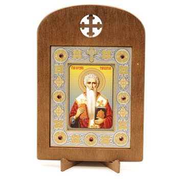 Икона 6x9 (ERM) деревянная, вставка металл, Спиридон (поясн)