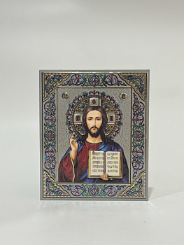 Лик полигр. 10х12, Серебро, оверпринт, цветы эмаль, Спаситель