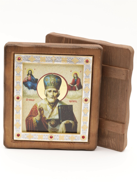 Икона 11х13 (ERM) деревянная под старину ВИЗАНТИКОС, Николай Чудотворец (в митре)