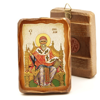 Икона 7х10 (ERM) деревянная под старину, Спиридон Тримифунтский (на троне)