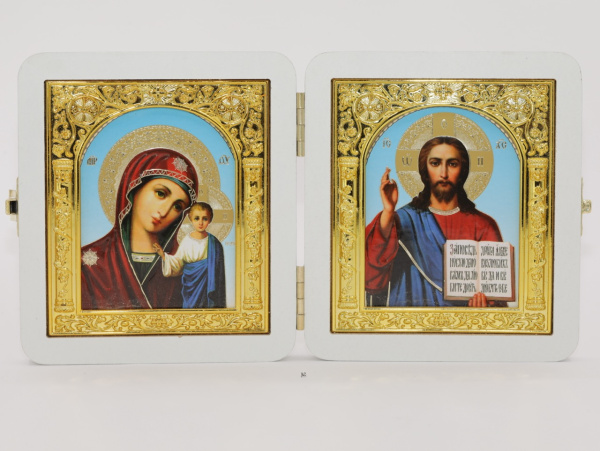 Складень (ERM) 10x12, БЕЛЫЙ золотая АРКА, Спаситель - Казанская (Академ, гол)