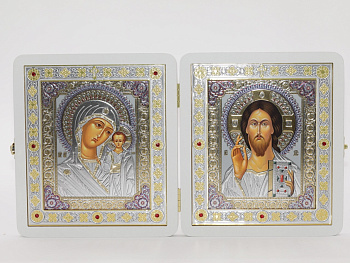 Складень (ERM) 15x18 БЕЛЫЙ вставка металл со стразами, Спаситель - Казанская №6