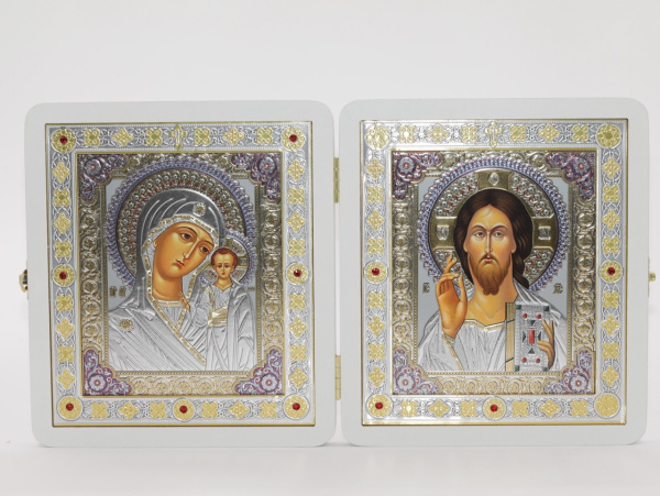 Складень (ERM) 15x18 БЕЛЫЙ вставка металл со стразами, Спаситель - Казанская №6