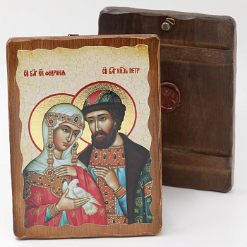 Икона 17x23 (ERM) деревянная под старину, Петр и Феврония (темн)