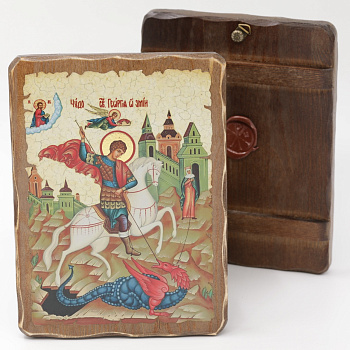 Икона 17x23 (ERM) деревянная под старину, Георгий Победоносец (Чудо)