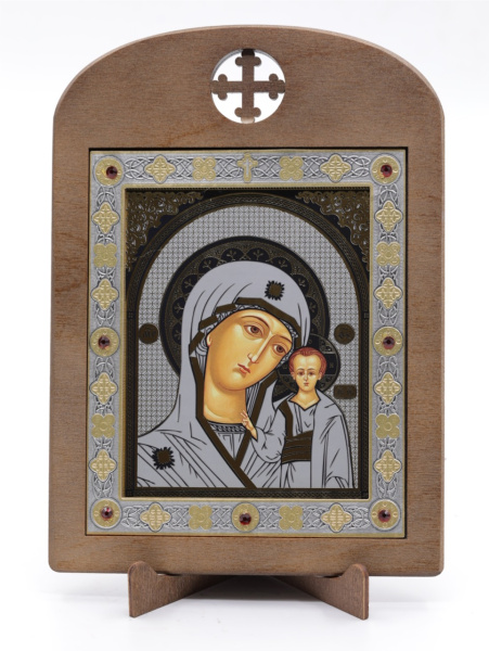 Икона 11x13 (ERM) деревянная, вставка металл, Казанская №2 (серебро)
