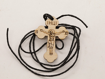 Крестик деревянный (ERM), Спаси и сохрани, 35мм (с гайтаном), фигурный