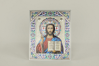 Лик полигр. 15х18, Серебро, оверпринт, цветы эмаль, Спаситель