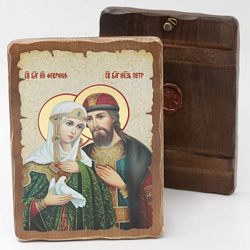 Икона 17x23 (ERM) деревянная под старину, Петр и Феврония (светл)