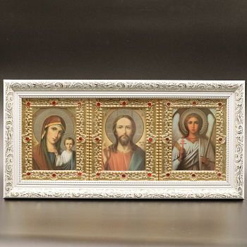 Икона 30x12 (KUT) багет БЕЛЫЙ, вставка с камнями, ТРИПТИХ