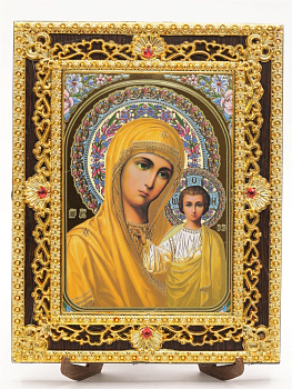 Икона 17x22 (ERM) на планшете, ЗОЛОТОЙ АЖУР, Казанская №1 (желт)