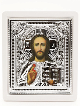 Икона 15x18 (ERM) деревянная БЕЛАЯ, РИЗА серебряная, Спаситель