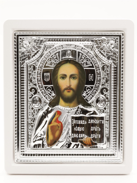 Икона 15x18 (ERM) деревянная БЕЛАЯ, РИЗА серебряная, Спаситель (2)