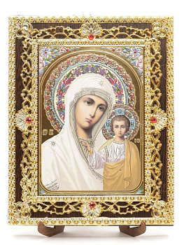 Икона 17x22 (ERM) на планшете, ЗОЛОТОЙ АЖУР, Казанская №1 (бел)