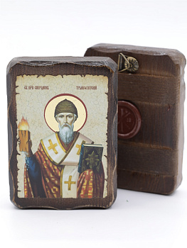 Икона 7х10 (ERM) деревянная под старину, Спиридон Тримифунтский (поясн)
