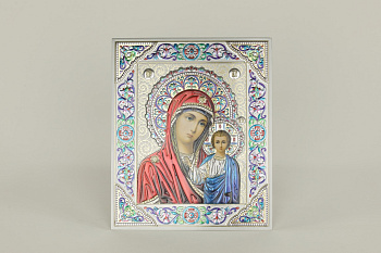 Лик полигр. 15х18, Серебро, оверпринт, цветы эмаль, Казанская