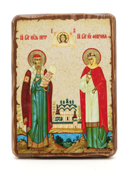 Икона 13x17 (ERM) деревянная под старину, Петр и Феврония (рост) 3