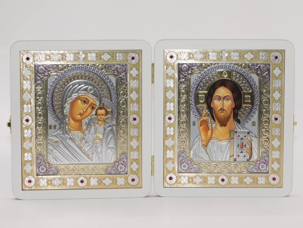 Складень (ERM) 15x18 КРАСНОЕ ДЕРЕВО вставка металл со стразами, Спаситель - Казанская №6