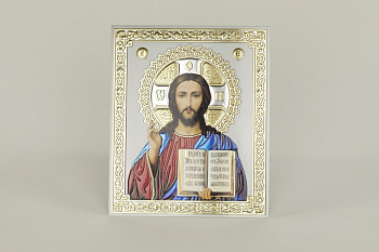 Лик полигр. 15х18, Серебро, оверпринт, прямая рамка, Спаситель (академ)