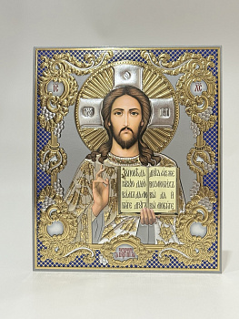 Лик полигр. 15х18, Серебро, Ажур синий, Спаситель