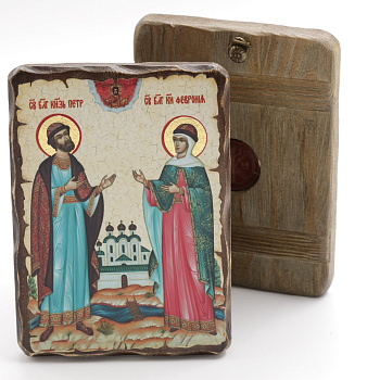 Икона 13x17 (ERM) деревянная под старину, Петр и Феврония (рост)