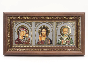 КИОТ под лик 30х12см (ERM) ТЕМНОЕ дерево, ЗОЛОТОЙ багет, триптих (визант серебро)