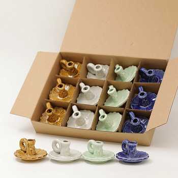 Подсвечник керамический, БЛЮДЦЕ, набор из 12 шт (кор, зел, гол, син) (GZP-07)