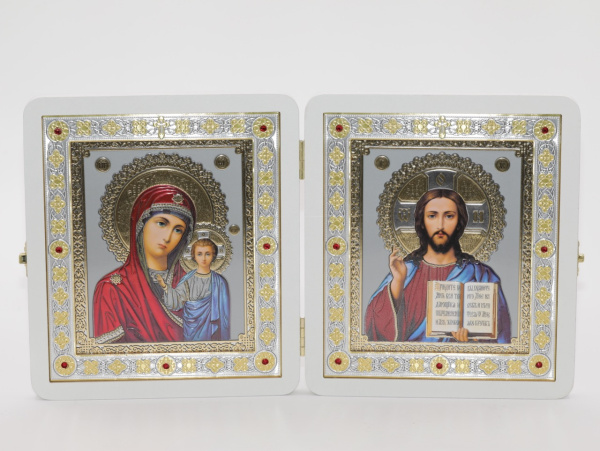 Складень (ERM) 15x18 БЕЛЫЙ вставка металл со стразами, Спаситель - Казанская №2