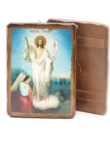 Икона 17x23 (ERM) деревянная под старину, Воскресение Христово (в лучах) 2