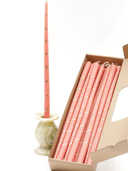 Свечи золоченые конусные №55, СПИРАЛЬ (Золото), РОЗОВЫЕ (24шт)