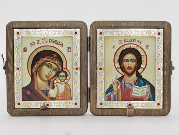 Складень (ERM) 11x13 ДЕРЕВО под старину, вставка металл с камнями, Спаситель - Казанская №4
