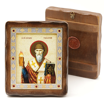 Икона 11х13 (ERM) деревянная под старину ВИЗАНТИКОС, Спиридон Тримифунтский (поясн)