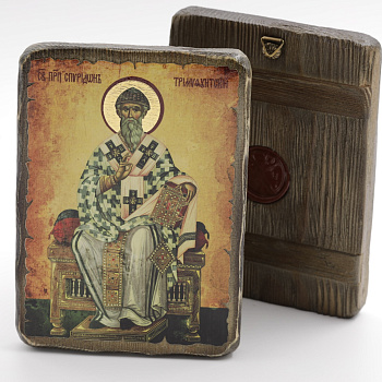 Икона 13х17 (ERM) деревянная под старину с ОБЖИГОМ, Спиридон на троне