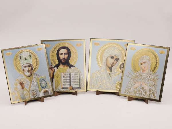 Набор из 4-х икон на оргалите 15x18см, Спаситель-Казанская-Николай-Семистрельная №15