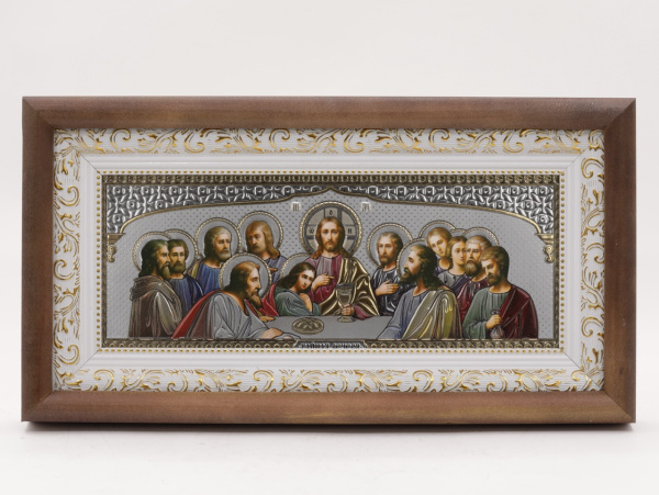КИОТ под лик 30х12см (ERM) ТЕМНОЕ дерево, БЕЛЫЙ багет, Тайная вечеря (серебро цвет)