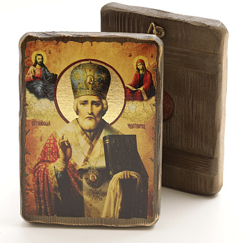 Икона 13х17 (ERM) деревянная под старину с ОБЖИГОМ, Николай Чудотворец