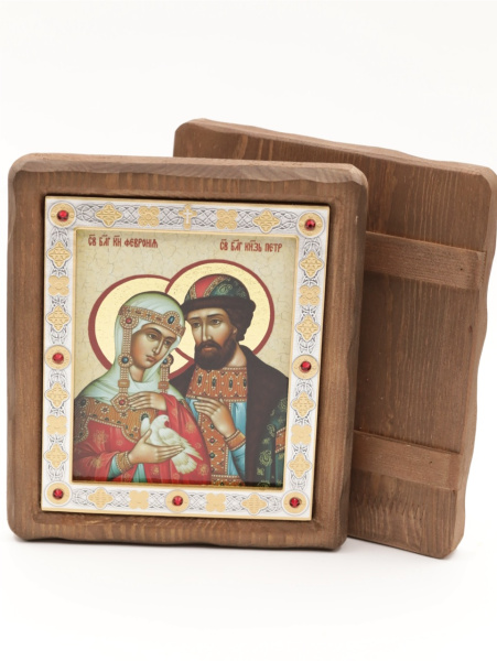 Икона 11х13 (ERM) деревянная под старину ВИЗАНТИКОС, Петр и Феврония (поясн., с голубком)