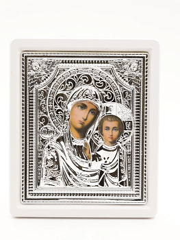 Икона 15x18 (ERM) деревянная БЕЛАЯ, РИЗА серебряная, Казанская