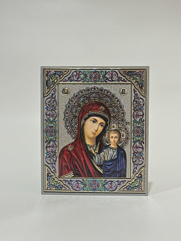 Лик полигр. 10х12, Серебро, оверпринт, цветы эмаль, Казанская