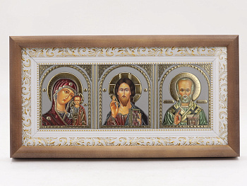 КИОТ под лик 30х12см (ERM) ТЕМНОЕ дерево, БЕЛЫЙ багет, триптих (визант серебро)