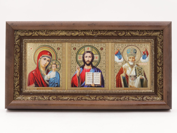 КИОТ под лик 30х12см (ERM) ТЕМНОЕ дерево, ЗОЛОТОЙ багет, триптих (академ)