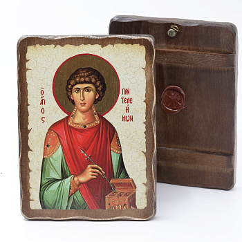 Икона 17x23 (ERM) деревянная под старину, Пантелеймон