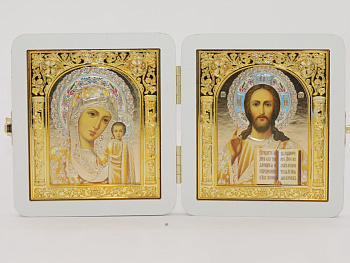 Складень (ERM) 10x12, БЕЛЫЙ золотая АРКА, Спаситель - Казанская (Академ, золото, цветы)